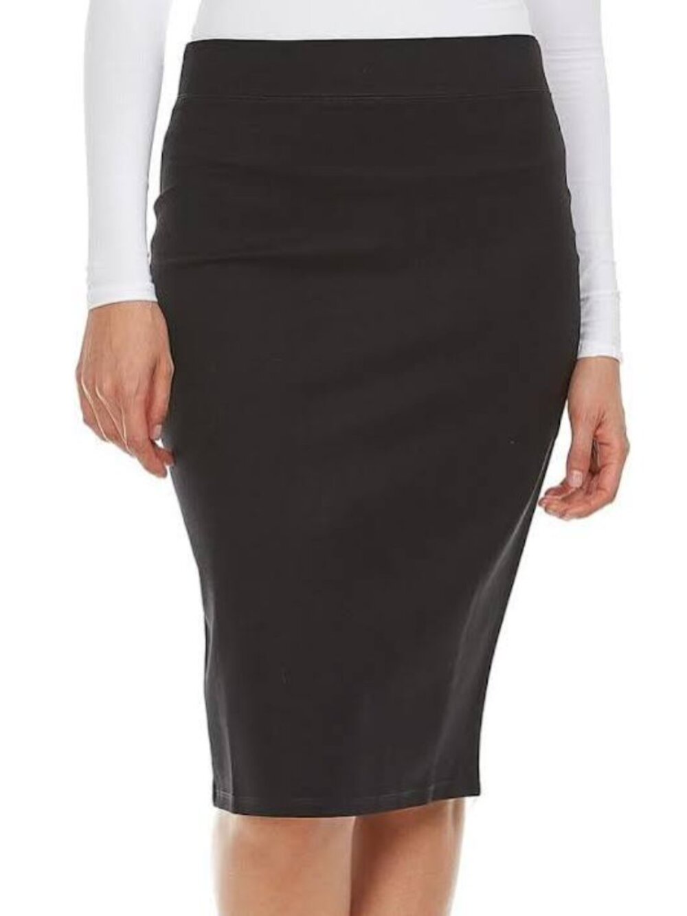 Charlie B Black Ponte Knit Stretch Midi Pencil Skirt Back Vent Size Large